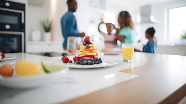 Uma família preparando o pequeno-almoço em absoluto uma foto focada na mesa