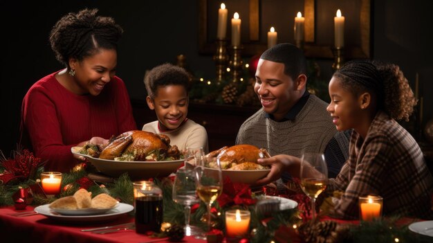 Uma família reunida em torno de uma linda mesa de jantar de Natal