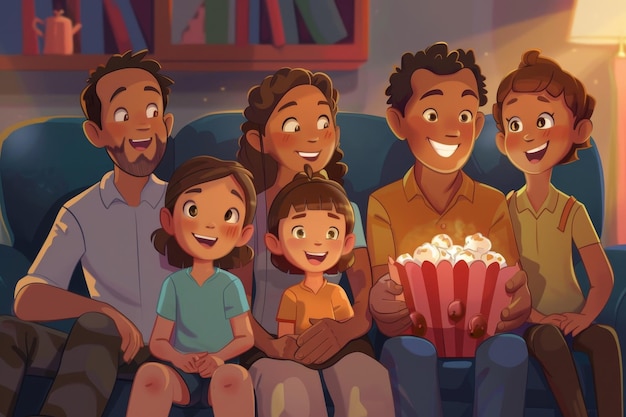 Uma família reunida num sofá a desfrutar de um filme juntos uma cena comovente de uma família a reunir-se para uma noite de cinema criando memórias duradouras