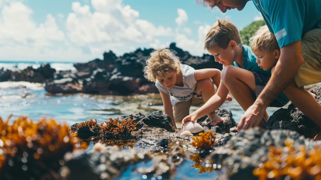 Uma família reunindo conchas e explorando piscinas rochosas ao longo da costa depois de uma aventura de mergulho