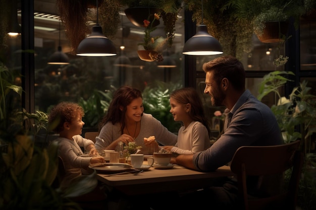 Uma família saboreando uma refeição em um restaurante ecologicamente correto 00084 01