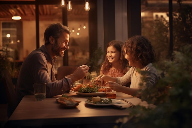 Uma família saboreando uma refeição em um restaurante ecologicamente correto 00084 03
