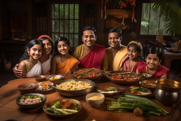 uma família se senta à mesa com comida.