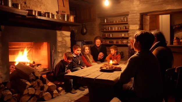 Uma família senta-se ao redor de uma mesa em uma sala com lareira e lareira.