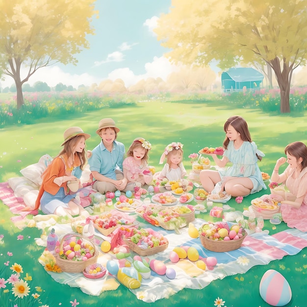 uma família senta-se em um cobertor com uma cesta de frutas e legumes