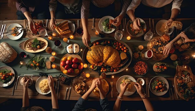 Foto uma família senta-se em uma mesa com uma mesa cheia de comida e bebidas.