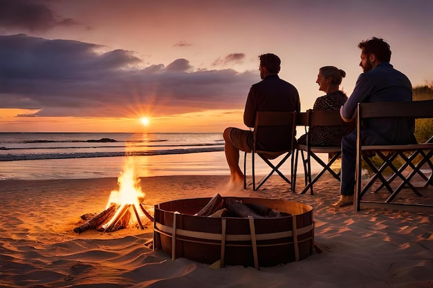 Uma família sentada ao redor de uma fogueira na praia ao pôr do sol.