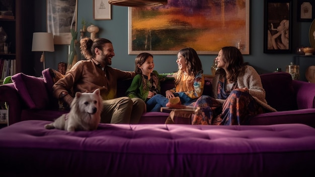 uma família sentada em um sofá com um cachorro e a pintura de um cachorro.