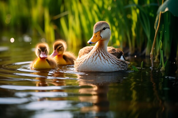 Foto uma família serena de patos desliza através de uma lagoa calma criando um reflexo espelhado perfeito na onda