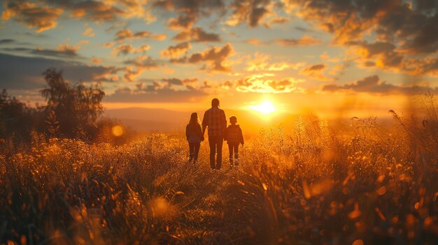 Uma família tranquila passeia por um campo ao pôr-do-sol