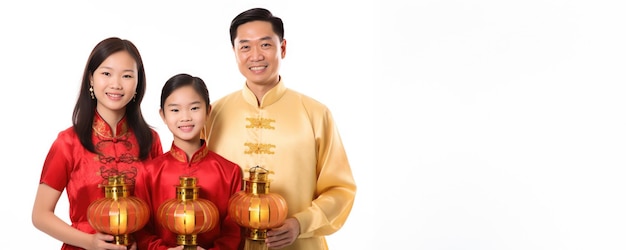 Uma família vestindo roupas tradicionais chinesas posando para uma foto