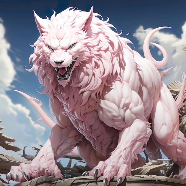 Uma fantasia de desenho animado de um lobo monstro branco com uma cauda rosa