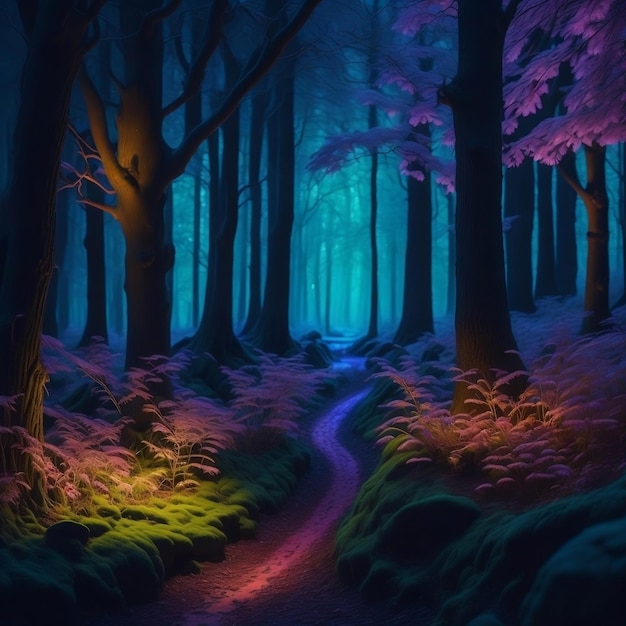 Uma fantasia de floresta neon brilhando colorida como um conto de fadas