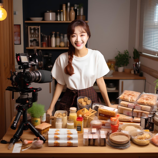 Uma fashionista coreana está colocando um produto alimentar recém-comprado