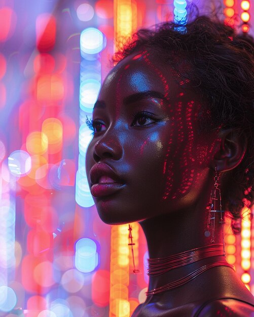 Foto uma fashionista negra em papel de parede futurista cyberpunk