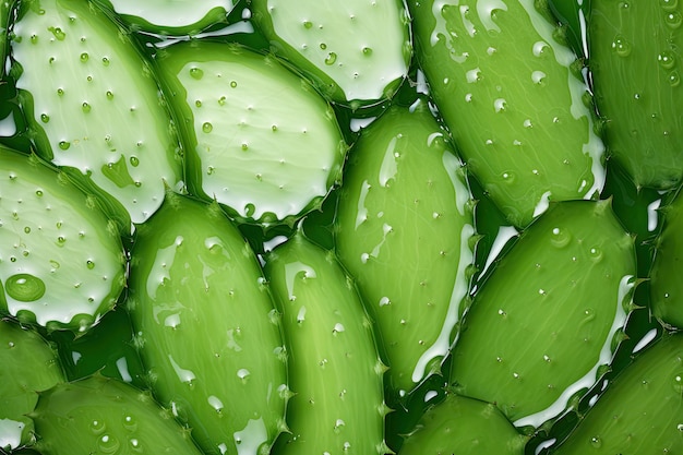 Uma fatia de aloe vera imersa em gel texturizado como fundo visto de cima e plana