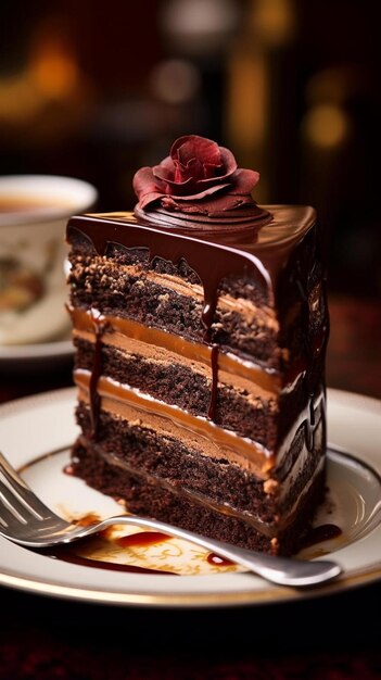 uma fatia de bolo com cobertura de chocolate e uma cereja por cima.