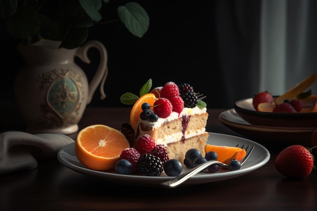 Uma fatia de bolo com frutas e uma xícara de chá ao fundo.