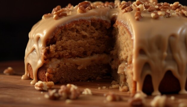 Uma fatia de bolo de chocolate caseiro em uma tábua de madeira gerada por inteligência artificial