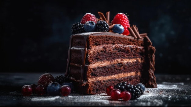 Uma fatia de bolo de chocolate com bagas ao lado