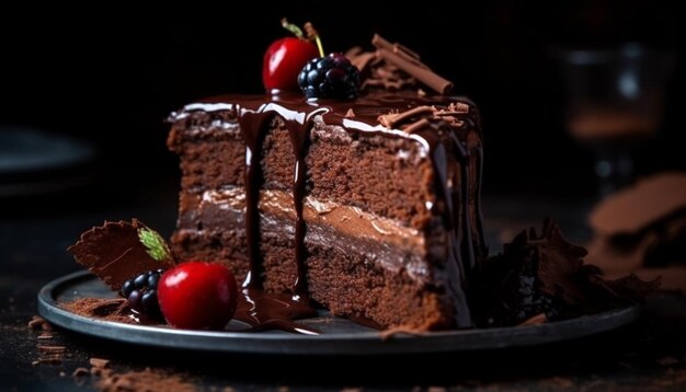 Uma fatia de bolo de chocolate com cobertura de chocolate e bagas em um fundo preto