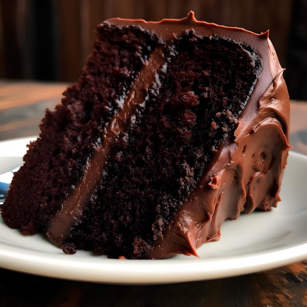 Uma fatia de bolo de chocolate com cobertura de chocolate em um prato.