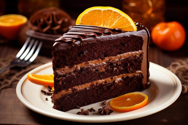 Uma fatia de bolo de chocolate com fatias de laranja e canelas