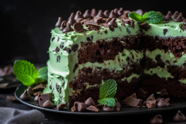 Uma fatia de bolo de chocolate com folhas de hortelã em um prato preto.