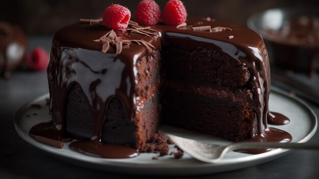 Uma fatia de bolo de chocolate com framboesas ao lado