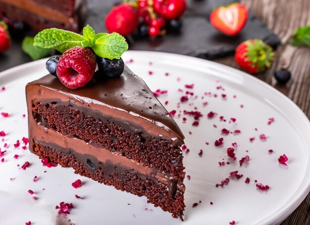 Uma fatia de bolo de chocolate com framboesas em um prato branco