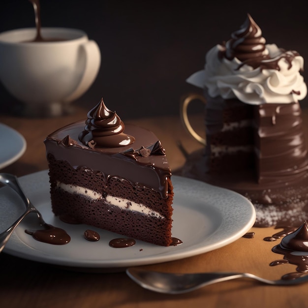 Uma fatia de bolo de chocolate com glacê branco e uma garoa de chocolate.