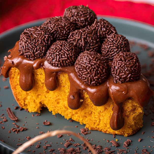 Foto uma fatia de bolo de chocolate com gotas de chocolate por cima.