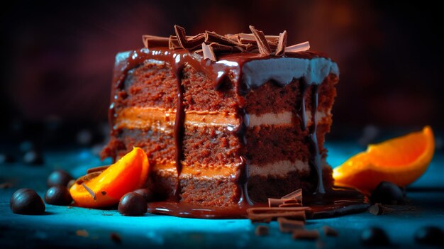 Uma fatia de bolo de chocolate com laranjas e chocolate por cima