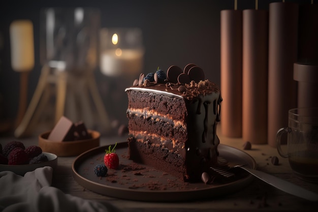 Uma fatia de bolo de chocolate com mirtilos e framboesas em um prato.