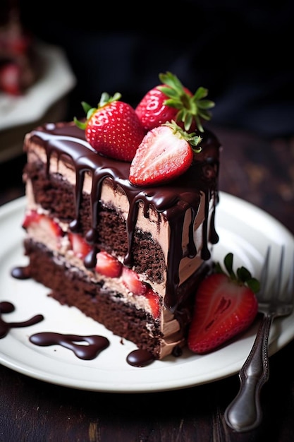 uma fatia de bolo de chocolate com morangos por cima.