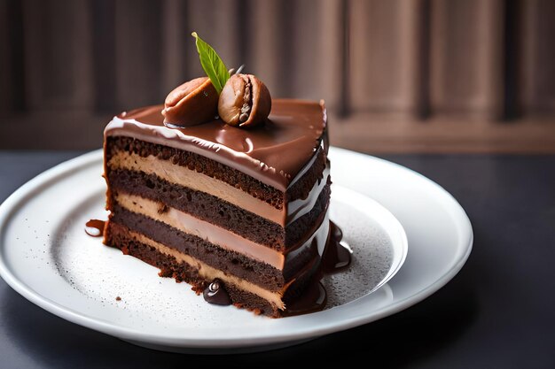 Uma fatia de bolo de chocolate com nozes por cima