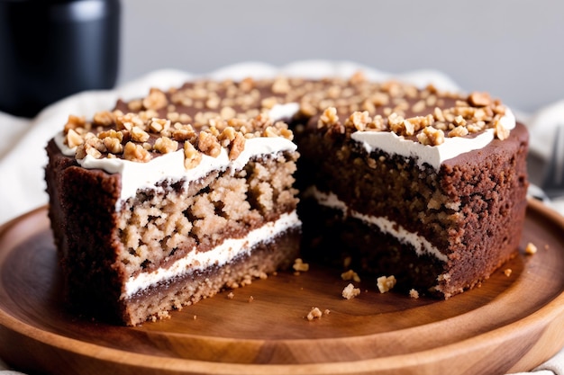 Uma fatia de bolo de chocolate com nozes por cima