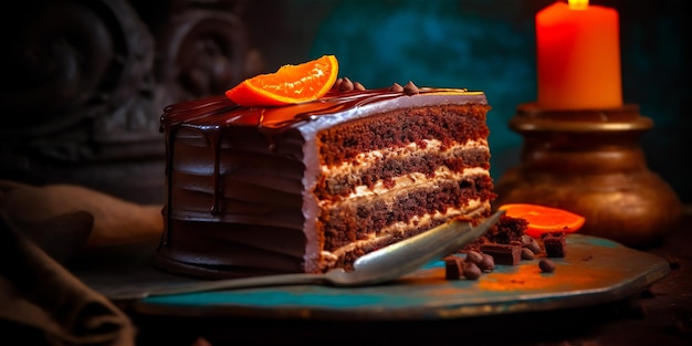 Uma fatia de bolo de chocolate com rodelas de laranja por cima