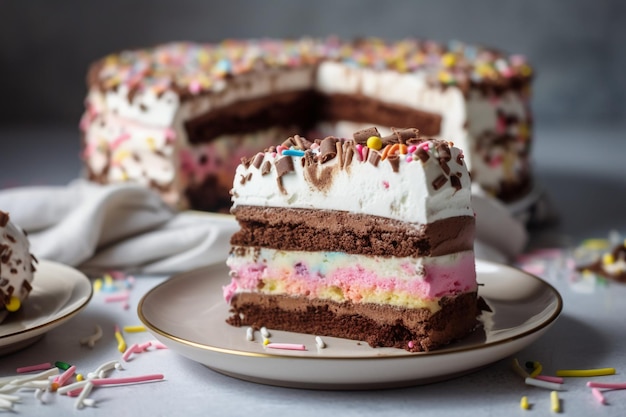 Uma fatia de bolo de chocolate com sorvete de chocolate rosa e branco e confeitos arco-íris.