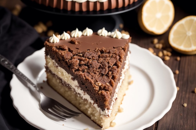 Uma fatia de bolo de chocolate em um prato com um garfo.