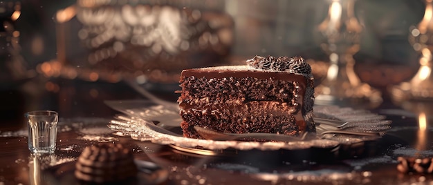 Uma fatia de bolo de chocolate rico com vapor subindo servido em um prato com vinho ao fundo