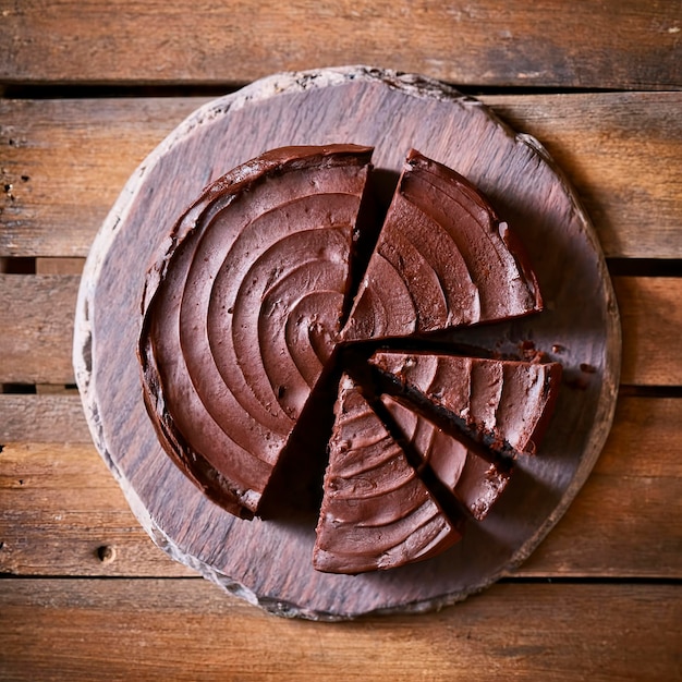 Uma fatia de bolo de chocolate vegano cru em uma mesa de madeira de cima