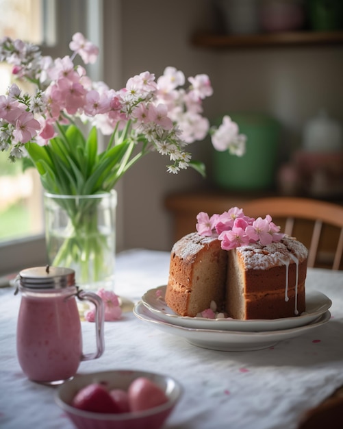 Uma fatia de bolo de limão com glacê rosa e um pote de leite de amêndoa.