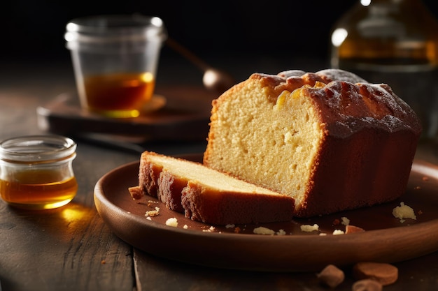 Uma fatia de bolo de mel com uma garrafa de rum por trás.