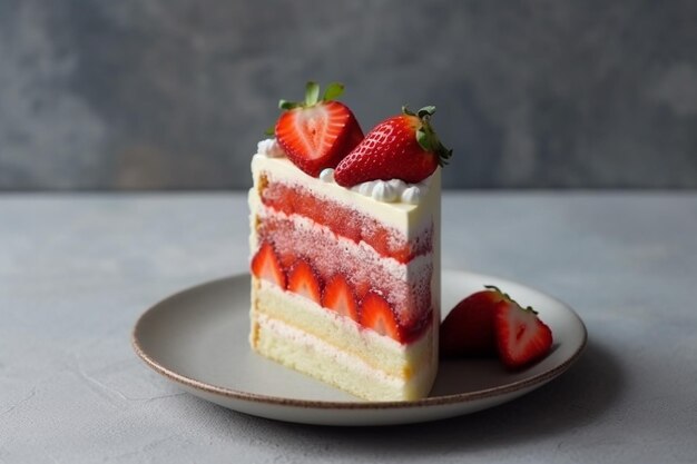 Uma fatia de bolo de morango com morangos por cima.