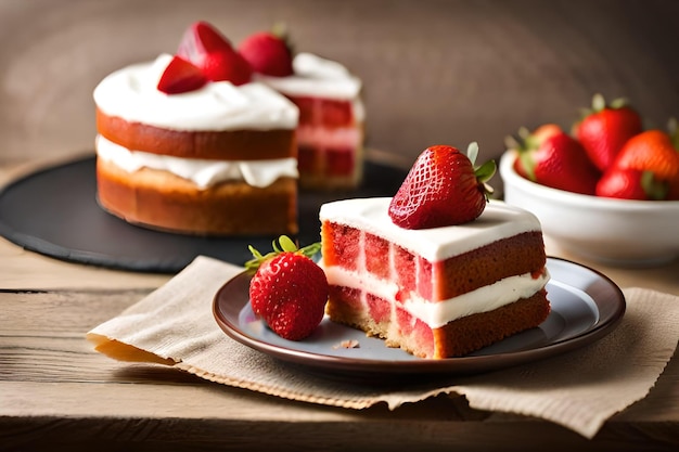 Uma fatia de bolo de morango com morangos por cima