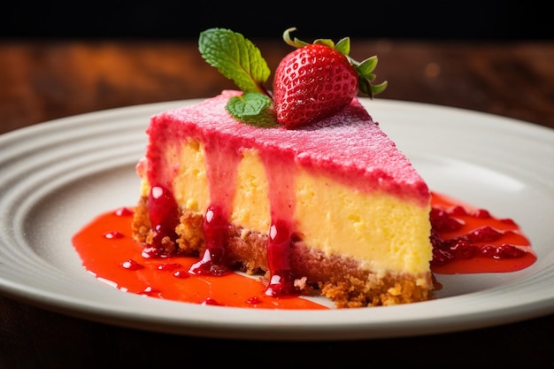 Uma fatia de bolo de morango servido com um lado de coulis de fruta da paixão