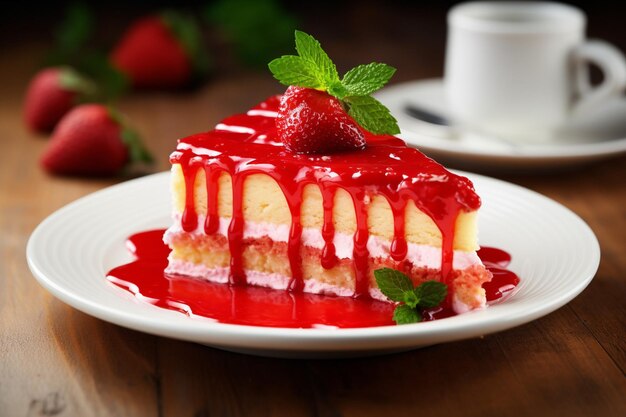 Uma fatia de bolo de morango servido com um lado de coulis de fruta da paixão