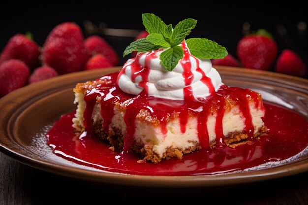 Uma fatia de bolo de morango servido com um lado de coulis de fruta da paixão