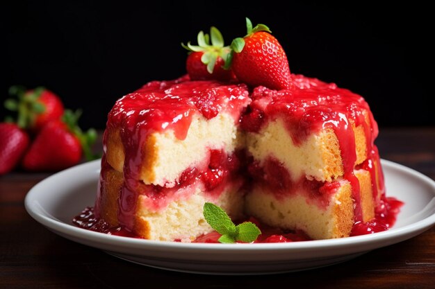 Foto uma fatia de bolo de morango servido com um lado de coulis de fruta da paixão